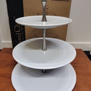 New Pampered Chef White Ceramic Silver Rod  3 Tier-Tower Adjustable Height #1956